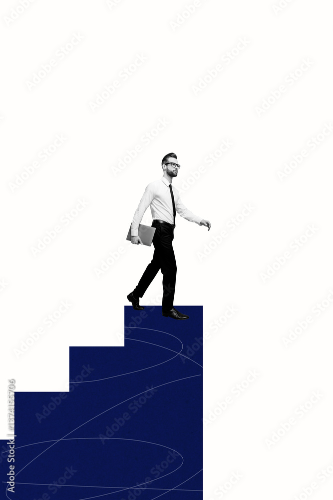 Poster image vertical photo collage of serious businessman carry laptop climb career ladder development progress concept Poster image vertical photo collage of serious businessman carry laptop climb career ladder development progress concept