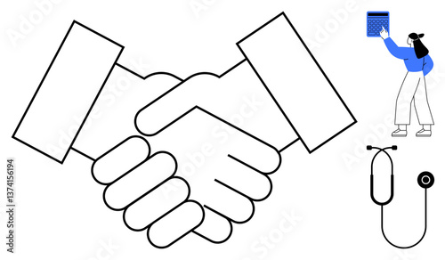 Handshake emphasizing partnership, a stethoscope for medical themes, and a figure analyzing a calendar. Ideal for cooperation, teamwork, trust, healthcare, planning strategy agreements. Flat simple