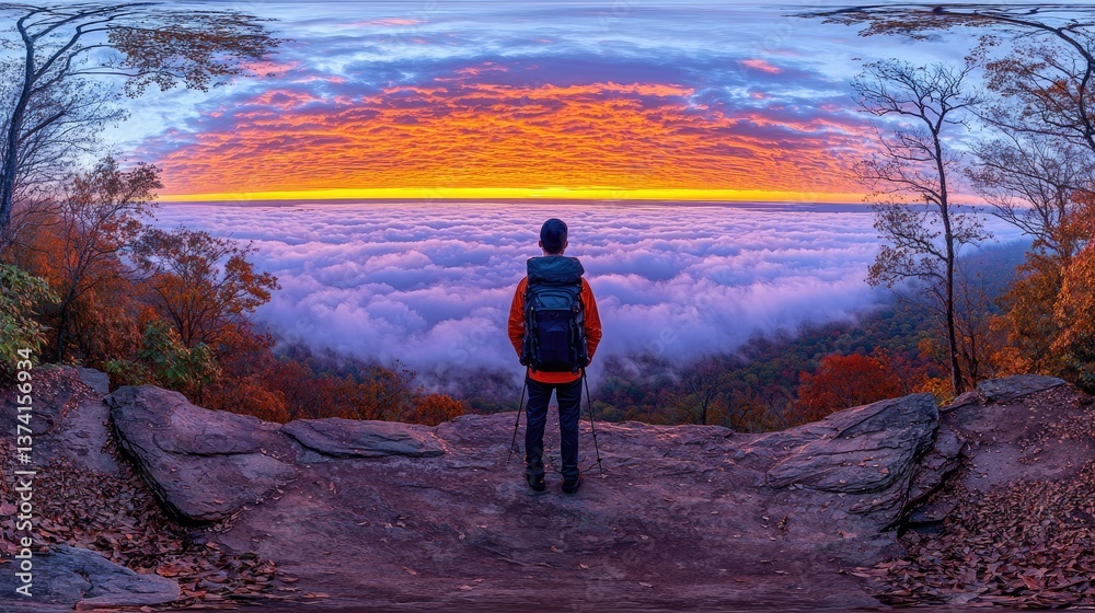 Fototapeta premium A hiker stands on a mountain looking over clouds at sunrise