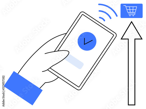 Hand holding smartphone with checkmark on screen, wireless signal, arrow, and shopping cart. Ideal for e-commerce, finance, payment, technology convenience innovation user experience. Flat simple