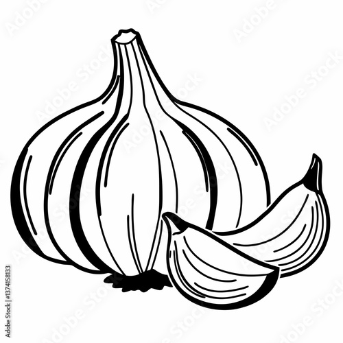 Garlic bulb and cloves in minimalist line art style  