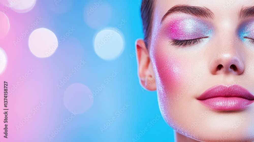 Enchanting Glamour: A close-up shot features a woman with captivating makeup, highlighting the art of cosmetics and beauty, surrounded by a dreamy bokeh effect. Enchanting Glamour: A close-up shot features a woman with captivating makeup, highlighting the art of cosmetics and beauty, surrounded by a dreamy bokeh effect.