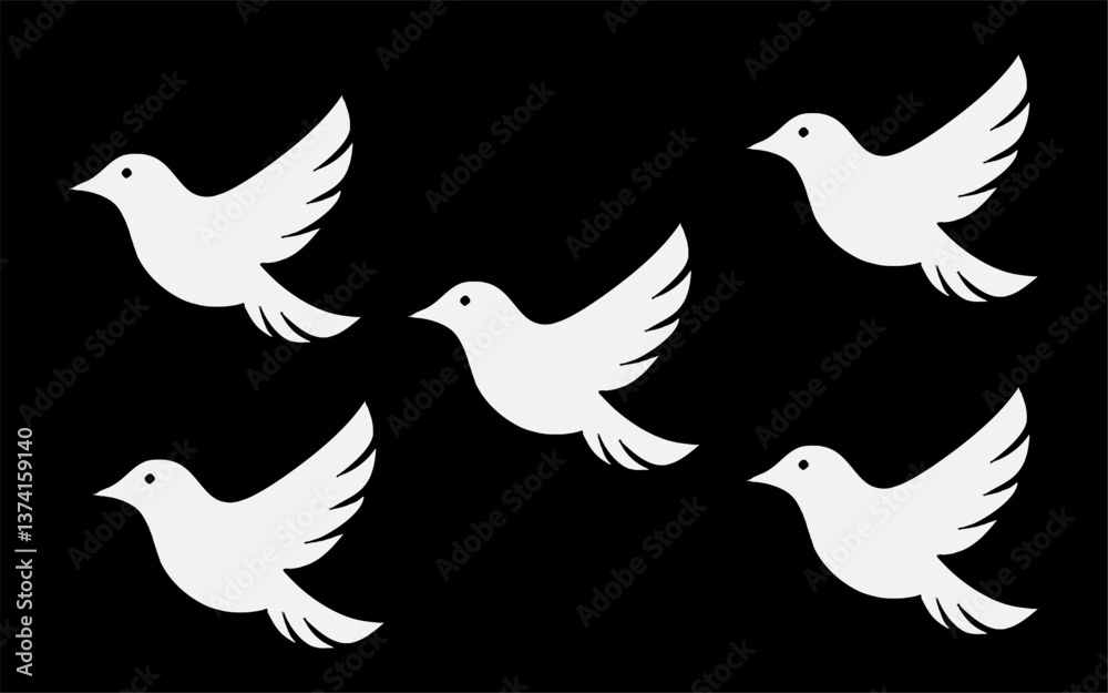 Fototapeta premium Minimalist White Dove Icons – Elegant Bird Silhouette Vector Set, Flat Design Illustration on Black