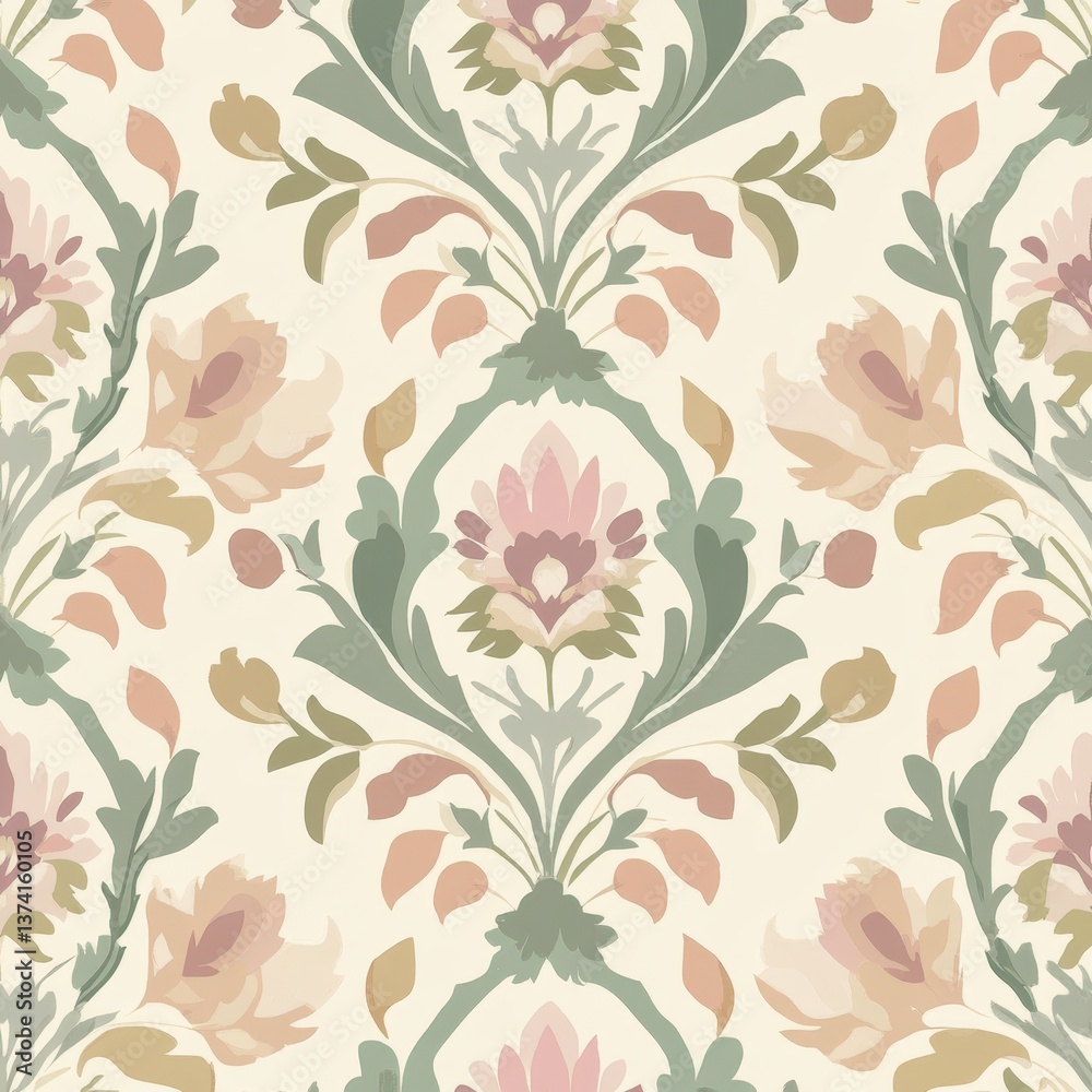 A seamless repeating pattern showcases a sophisticated damask design featu delicate floral elements in muted pink, peach, and sage green hues on a creamy off-white background. A seamless repeating pattern showcases a sophisticated damask design featu delicate floral elements in muted pink, peach, and sage green hues on a creamy off-white background.