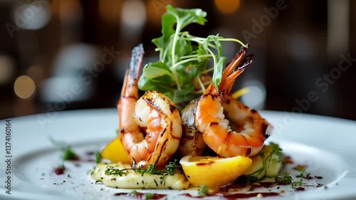Gourmet shrimp dish with balsamic drizzle, a fine dining seafood delicacy.