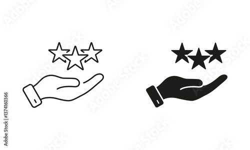 Best Feedback Concept. Positive Review, Good Quality Service Symbol. Hand Holds Stars Line and Silhouette Icon Set. Client Experience. Editable Stroke. Isolated Vector Illustration