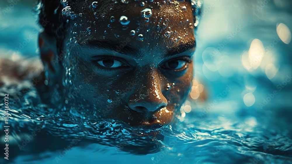 A close-up of a swimmer's face partially submerged in water, with bubbles and reflections creating a dynamic, immersive atmosphere. A close-up of a swimmer's face partially submerged in water, with bubbles and reflections creating a dynamic, immersive atmosphere.