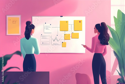Two Women Collaborating on a Whiteboard with Business Strategy Plan