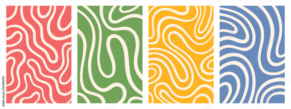 Twisted lines, fluid, curved, wiggling stripes, waves vector backgrounds set. Liquid, chaotic retro ornaments, groovy hippie patterns collection. Doodle, uneven hand drawn wavy, organic winding lines