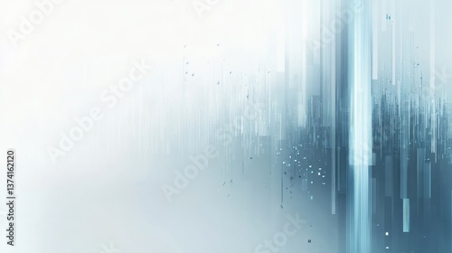 Abstract blurred background with blue digital elements and data visualizations, city skyline, light gray color background, white space in the center of the composition, minimalist style, blurred urban