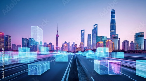 Against an abstract blue-purple background, the design includes elements such as floating cubes or transparent frosted glass squares in blue and purple that extend from near to far and become smaller 