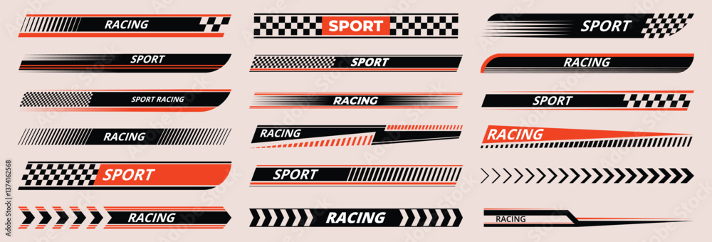 Sports racing stripes. Sports car, moto, boat stickers. Striped vehicle tuning bars flat set. Tuning racing sport decals.