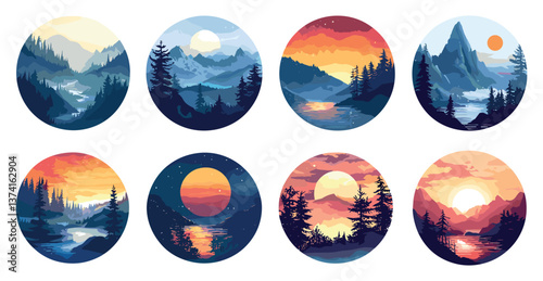 Mountains in Circles Vector Landscapes Flat Style Icons Set Geometric Nature Icons Mountain Peaks Simple Design Landscape Elements Minimalist Mountain Ranges Iconography Circular
