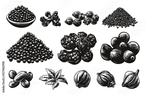 Peppercorn Heap Mill Dried Seed Icons Set Black and White Linocut Print Style Spices Herb Grinding Tools Vintage Illustration Monochrome Artwork Pepper Seed Dried Peppercorn Mill