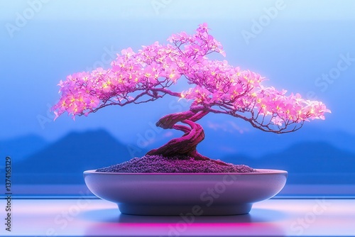 Serene bonsai tree with glowing pink flowers in a peaceful blue-toned setting.