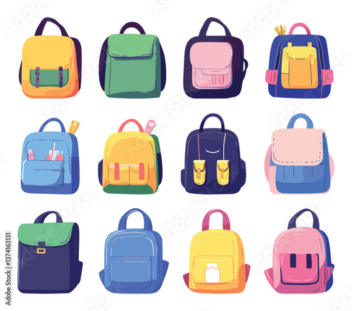 School Backpack Flat Vector Icons Set Featuring A Variety Of Colorful And Stylish Backpacks Including Different Shapes Sizes And Designs Classic Designs Modern Trendy