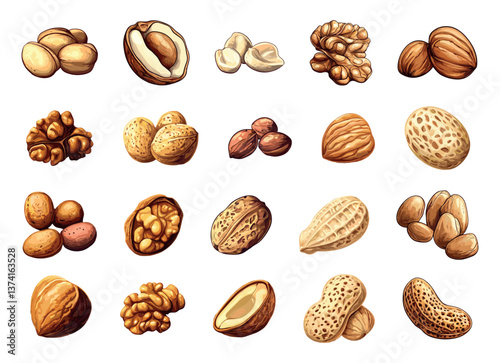 Walnut Peanut Hazelnut Almond Nuts Set Cartoon Style Nutty Snacks Healthy Food Natural Ingredients Nut Varieties Snack Foods Organic Nuts Nut Collection Illustrated Nuts
