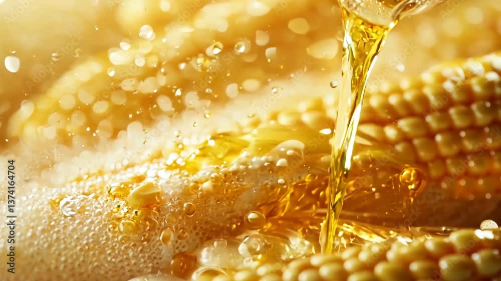 A macro shot capturing the rich texture of corn kernels being bathed in golden oil, with glistening droplets and bubbles adding a sense of freshness and richness. This detailed image emphasizes food 