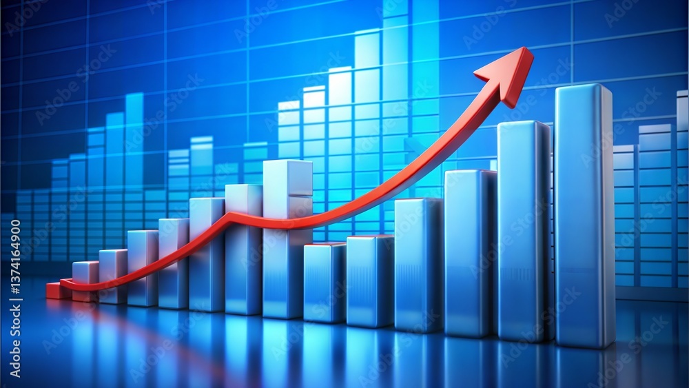 3D Bar Graph with Increasing Red Arrow 3D Bar Graph with Increasing Red Arrow