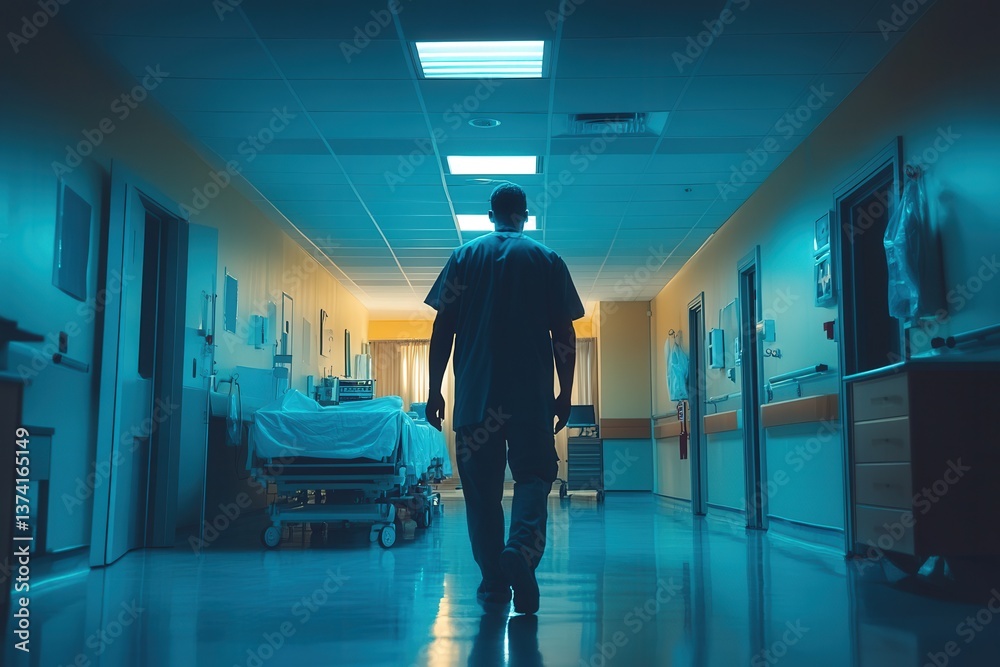 Silhouette of a medical professional, walking down a dimly lit hospital corridor at night. Silhouette of a medical professional, walking down a dimly lit hospital corridor at night.