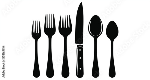 Set of black fork knife spoon silhouettes vector. Black fork knife spoon silhouettes vector. Kitchen forks knives spoons black silhouettes vector. Restaurant cutlery fork knife spoon silhouette vector