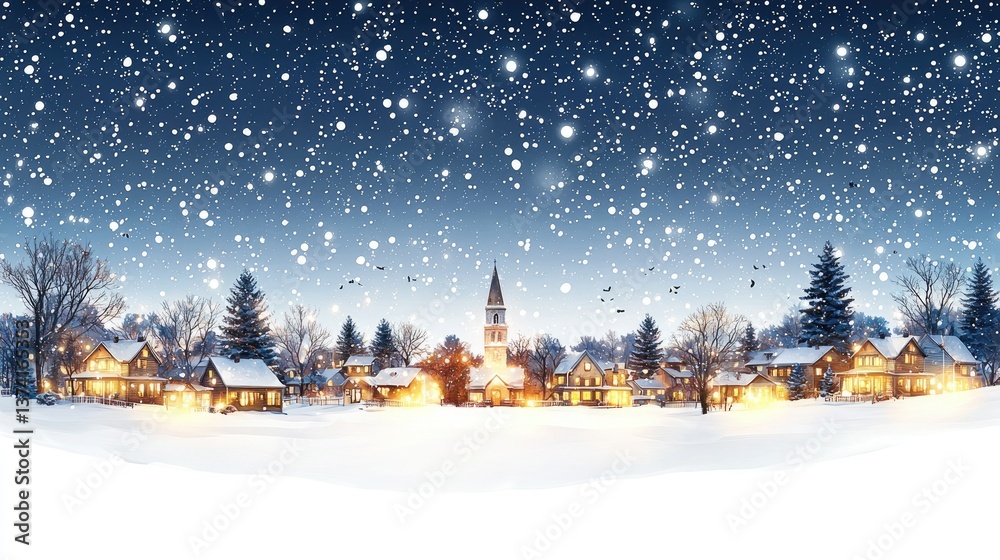 Fototapeta premium A snowy winter village scene with warm illuminated buildings at night