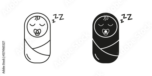 Swaddled Baby with Pacifier Sleeping Line and Silhouette Icon Set. Newborn Rest and Sleep Symbol. Peaceful Newborn with Pacifier. Bedtime Rest for Baby. Editable Stroke. Isolated Vector Illustration