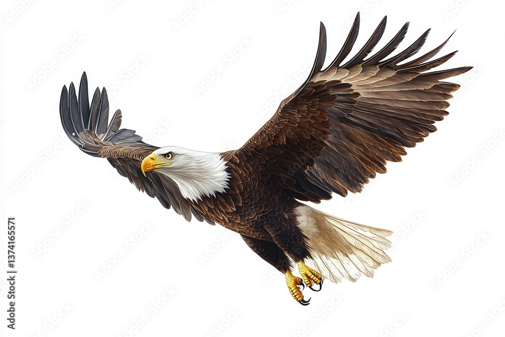 Obraz premium Majestic bald eagle soaring with outstretched wings against a clear white background.