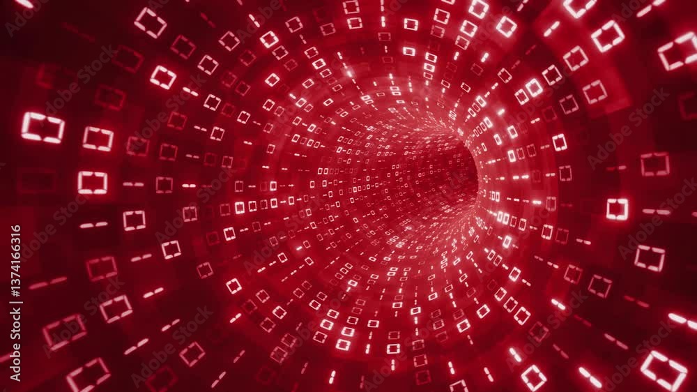 High-Speed red Futuristic Energy Tunnel, 4k Glowing Binary Digits Data Transfer, Abstract Artificial Intelligence and Digital Blockchain concept Motion Background, 3d looping animation
