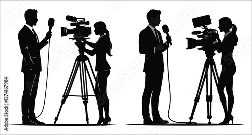 Black silhouettes of journalist and camerawoman. Vector black silhouettes of interviewer and videographer. TV journalist and camerawoman silhouettes vector. News presenter silhouettes