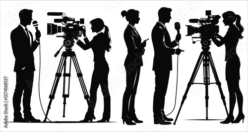 Vector silhouette of reporter and camerawoman filming news broadcast live. TV journalist and camerawoman silhouettes vector design. News presenter and camera operator silhouettes