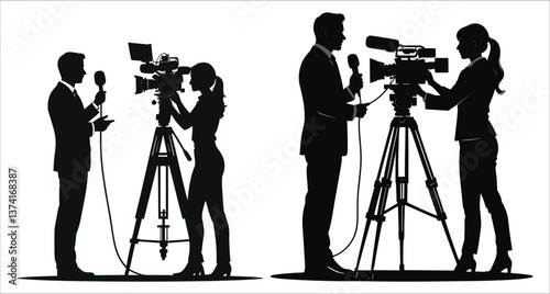 Vector silhouette of reporter and camerawoman filming news broadcast live. TV journalist and camerawoman silhouettes vector design. News presenter and camera operator silhouettes