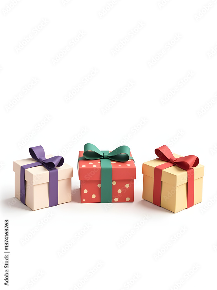 Fototapeta premium Three Small Presents Sit On A Table, Each One Carefully Wrapped With Colorful Paper And Ribbons Tied Around