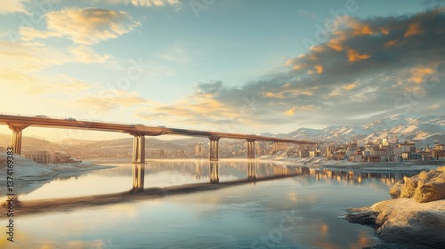 Wallpaper Mural A 3D rendering of a bridge connecting a highly futuristic city on the left with a small town on the right, the bridge in side view on the middle, light background with warm colors, blue sky with cloud Torontodigital.ca