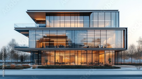 Modern Architectural Marvel: An eye-level, expertly composed exterior shot showcases a modern architectural marvel, a sleek office building bathed in the soft light of dusk.