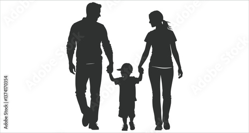 Silhouettes of family walking together holding hands vector design. Father mother and son silhouettes walking outdoors vector. Happy family walking silhouettes vector art
