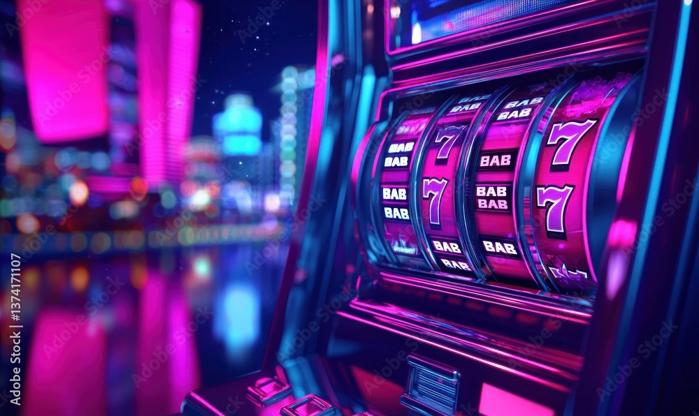 Neon-lit slot machine displays a winning combination against a blurred cityscape at night. Neon-lit slot machine displays a winning combination against a blurred cityscape at night.