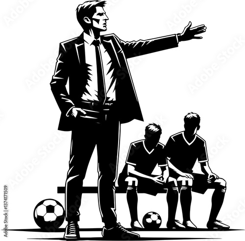 A Soccer Manager Giving Instructions, Black And White Football Silhouette