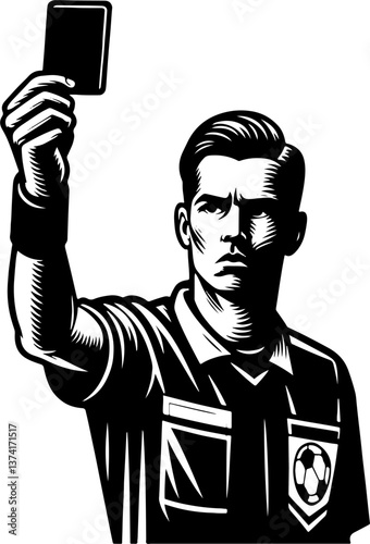 A Soccer Referee Giving A Player A Card, Black And White Football Silhouette