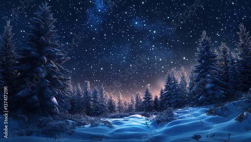 Enchanted winter night. A breathtaking view of snow-covered pine trees under a starry sky.