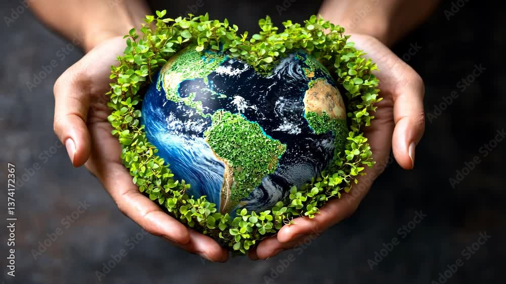 Hands holding a heart shaped earth surrounded by greenery promoting environmental awareness and sustainability for a better future Hands holding a heart shaped earth surrounded by greenery promoting environmental awareness and sustainability for a better future