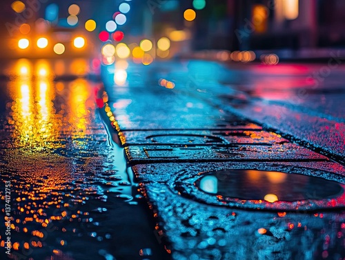 low angle view of a megapolis night street after the rain
