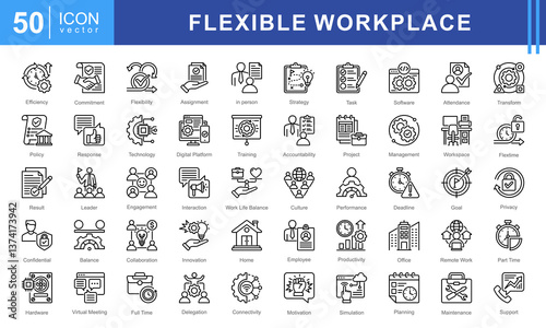 Flexible Workplace icon set featuring icons for remote work, productivity, collaboration, digital platforms, and work-life balance. Ideal for modern office environments, HR, and business management.