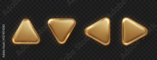 Gold play button isolated. Golden triangle buttons design for empty emblem. Glossy golden metallic shape.