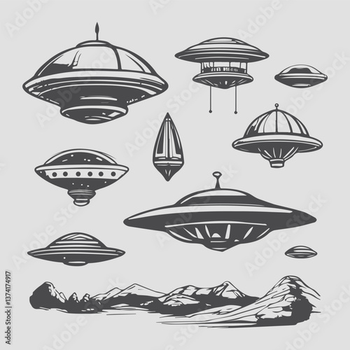 A set of hand-drawn UFO sketches. Ufology. Conspiracy theory. Mysticism. Flying objects. Aliens.