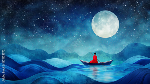 Person in red robe boating under full moon in night sky