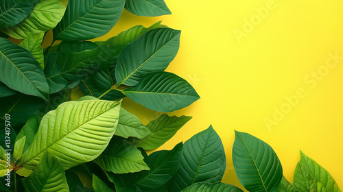 Tropical green leaves on bright yellow background