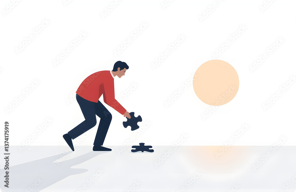 Obraz premium A Person Carefully Gathers A Single Puzzle Piece Against The Faint Glow Of The Approaching Hor