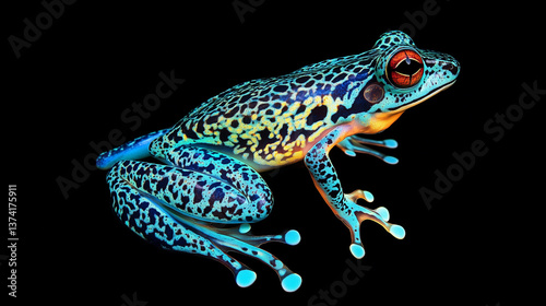 Vibrant tree frog with neon colors on black background