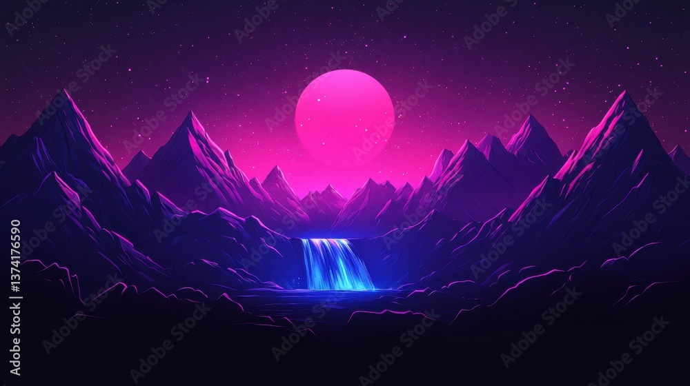 Obraz premium A surreal mountain range with waterfalls turning into streams of light, while the sky above is filled with floating geometric shapes and a swirling cosmic nebula.
